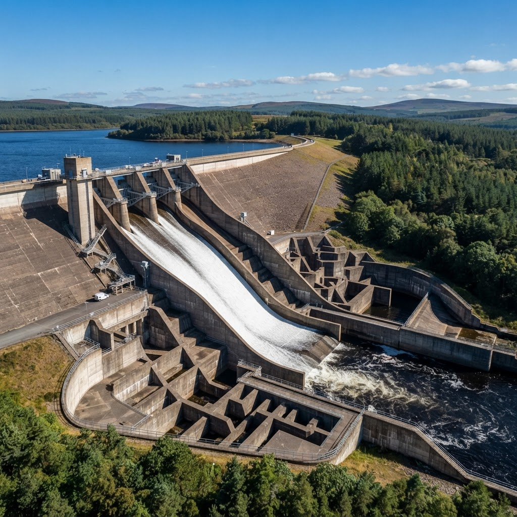 Concrete irrigation dam spillway and water channel