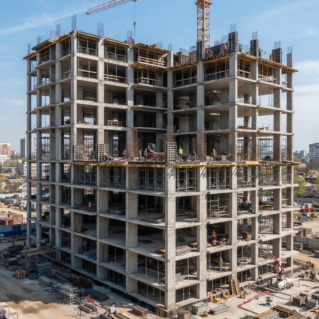 Reinforced cement concrete building frame under construction