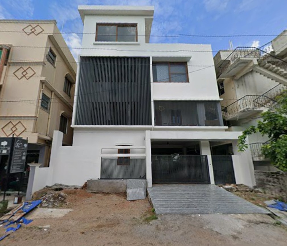Completed residential house with finished elevation and boundary